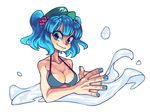  bangs bikini blue_eyes blue_hair blue_nails collarbone commentary_request hair_bobbles hair_ornament hat highres kawashiro_nitori nail_polish nappooz short_hair simple_background smile solo swimsuit touhou twintails two_side_up water webbed_hands white_background 