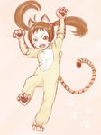  :d absurdres ahoge animal_ears arms_up brown_eyes brown_hair child claws fangs full_body highres hood hoodie jinko_(monster_girl_encyclopedia) long_hair looking_at_viewer mithril_(pixiv9140955) monster_girl monster_girl_encyclopedia open_mouth paws simple_background smile solo standing standing_on_one_leg striped_tail tail tiger_ears tiger_tail twintails v-shaped_eyebrows whisker_markings younger 