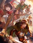  4boys armin_arlert belt black_hair blonde_hair blue_eyes dual_wielding emblem eren_yeager fire gradient gradient_background green_eyes hange_zoe highres jacket jean_kirchstein jewelry key leg_band levi_(shingeki_no_kyojin) maha_abdul_alaam mikasa_ackerman multiple_boys multiple_girls necklace purple_eyes scarf shingeki_no_kyojin sword weapon yang_fan 