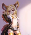 animal_ear_fluff animal_ears arm_up artist_request belt bikini_top blade_&amp;_soul blonde_hair chain clenched_hand coat dog_ears flat_chest highres long_hair looking_at_viewer lyn_(blade_&amp;_soul) miniskirt naughty_face navel off_shoulder purple_eyes simple_background skirt smile solo tail thighhighs twintails two_side_up zettai_ryouiki 