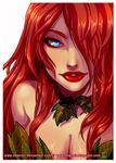  batman_(series) blue_eyes breasts choker cleavage dc_comics dewnoir eyelashes hair_over_one_eye leaf leaves lips lipstick long_hair looking_at_viewer makeup parted_lips poison_ivy portrait red_hair red_lips rocio_zucchi simple_background smile solo white_background 