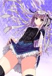  1girl absolute_duo ahoge breasts frills grey_hair hair_ornament long_hair panties purple_eyes ribbon school_uniform skirt thighhighs twintails underwear yurie_sigtuna 