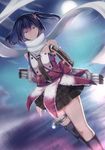 asymmetrical_legwear bangs bare_shoulders black_hair double-breasted dutch_angle full_moon grin hair_ornament highres kantai_collection max_(maximax) moon night pleated_skirt remodel_(kantai_collection) scarf sendai_(kantai_collection) skirt smile solo water white_scarf yellow_eyes 