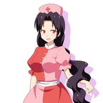  :d alternate_color black_hair blush breasts cato_(monocatienus) commentary_request cosplay dress hat houraisan_kaguya houraisan_kaguya_(cosplay) large_breasts long_hair looking_at_viewer open_mouth red_eyes sash smile solo touhou very_long_hair wavy_hair yagokoro_eirin 