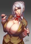  artist_name blue_eyes breasts cleavage glasses grey_background huge_breasts looking_at_viewer prison_school qblade riding_crop shiraki_meiko silver_hair simple_background solo unbuttoned 
