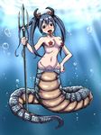 blue_hair blush gradient gradient_background horns izumi000 lamia long_hair long_tongue looking_at_viewer monster_girl red_eyes scales solo tail tongue tongue_out trident twintails underwater water weapon 
