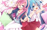  :d ;p bag blue_hair bow fingernails glass glasses hairband handbag hatsune_miku highres jewelry kuroi_(liar-player) lipstick long_hair makeup megurine_luka multiple_girls nail_polish necklace one_eye_closed open_mouth pants pink_hair pointing red-framed_eyewear shoes shopping_bag skirt smile tongue tongue_out vocaloid 