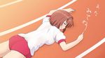  absolute_duo ass blush breasts brown_hair eyes_closed gradient gradient_background hotaka_miyabi open_mouth short_hair shorts solo 