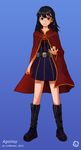  black_hair blue_background boots brown_eyes coat concept_art full_body limfoman petanium_game shirt simple_background smile standing striped 