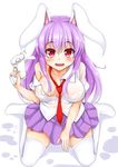  :d animal_ears blush breasts bunny_ears energy_gun large_breasts looking_at_viewer lunatic_gun miniskirt necktie open_mouth purple_hair ray_gun red_eyes reisen_udongein_inaba see-through sitting skirt smile solo teeth thighhighs tokoya_(ex-hetare) touhou wariza weapon wet wet_clothes white_legwear 