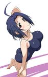  ahoge ass blue_hair breasts competition_school_swimsuit highres idolmaster idolmaster_(classic) large_breasts looking_at_viewer miura_azusa one-piece_swimsuit red_eyes short_hair solo swimsuit tokiani 