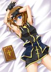  armpits blue_eyes book brown_hair fingerless_gloves gloves highres lying lyrical_nanoha mahou_shoujo_lyrical_nanoha mahou_shoujo_lyrical_nanoha_a's panties pantyshot parted_lips roura short_hair solo tome_of_the_night_sky underwear white_panties yagami_hayate 