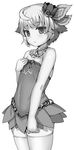  ahoge aisha_(sennen_sensou_aigis) cowboy_shot dress flat_chest greyscale hair_ornament hat looking_at_viewer mini_hat mokyu monochrome sennen_sensou_aigis short_hair solo thighhighs zettai_ryouiki 