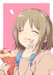  blush brown_hair closed_eyes commentary_request cream crepe eating flower food food_on_face food_wrapper fruit hair_flower hair_ornament idolmaster idolmaster_cinderella_girls licking_lips mimura_kanako school_uniform short_hair smile solo strawberry sumeragi_kohaku tongue tongue_out 