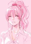  idolmaster idolmaster_cinderella_girls jougasaki_mika monochrome napata parted_lips pink_background ponytail simple_background smile solo 