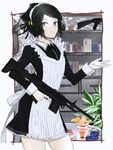  alternate_costume assault_rifle bad_id bad_pixiv_id black_hair bob_cut bookshelf bullet cake danganronpa danganronpa_1 dress enmaided explosive expressionless food freckles green_eyes grenade gun ikusaba_mukuro maid maid_headdress nito_(shida) outstretched_hand parfait rifle short_hair solo trigger_discipline weapon 