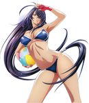  absurdres arm_up artist_request ball beachball bikini black_eyes black_hair carrying_under_arm contrapposto cowboy_shot fingerless_gloves floating_hair gloves highres ikkitousen kan'u_unchou long_hair low-tied_long_hair midriff navel parted_lips scan simple_background solo standing swimsuit white_background 