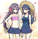  akebono_(kantai_collection) bad_id bad_pixiv_id bell bikini flower hair_bell hair_flower hair_ornament hat hiroichi jingle_bell kantai_collection long_hair midriff multiple_girls navel pink_bikini polka_dot polka_dot_swimsuit scrunchie side_ponytail skirt swimsuit ushio_(kantai_collection) very_long_hair wrist_scrunchie 