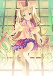  animal_ears bare_legs barefoot blonde_hair breasts cleavage commentary_request curtains dress fox_ears fox_tail green_eyes h2so4 hair_ornament jewelry long_hair necklace original skirt small_breasts solo tail two_side_up very_long_hair 