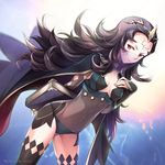  black_hair bodystocking book breasts cleavage covered_navel facial_mark fire_emblem fire_emblem_if forehead_mark holding holding_book long_hair messy_hair nyx_(fire_emblem_if) red_eyes see-through shuri_yasuyuki small_breasts solo sparkle tiara twitter_username veil 