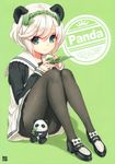  absurdres animal_ears aqua_eyes bamboo green_background highres holding kawaku knees_together_feet_apart long_sleeves original panda panda_ears pantyhose short_hair sitting skirt smile solo stuffed_animal stuffed_panda stuffed_toy symbol-shaped_pupils white_hair 