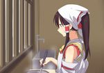  alternate_hairstyle apron bow brown_hair commentary cooking detached_sleeves hair_bow hair_tubes hakurei_reimu head_scarf kappougi kitchen leon_(mikiri_hassha) long_hair ponytail pot profile solo stirring tenugui touhou 