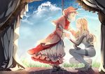  bad_id bad_pixiv_id blonde_hair blue_eyes capelet closed_eyes cloud cloudy_sky curtains day dress frilled_dress frills grass holding_hands long_hair long_sleeves looking_at_another multiple_girls neck_ribbon original pink_dress pudding_(8008208820) ribbon short_hair sky smile squatting wide_sleeves 