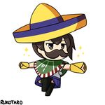  adapted_costume black_legwear brown_eyes brown_hair burrito commentary fake_facial_hair fake_mustache hat kaga_(kantai_collection) kantai_collection poncho rukotaro side_ponytail skirt solo sombrero 