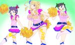  ;) alternate_hairstyle asymmetrical_hair belt black_hair blue_eyes blush body_writing boots bow breasts cheerleader cleavage flat_chest freckles galko hair_bow highres knee_boots large_breasts lipstick makeup makkuro_rokusuke multiple_girls ojou_(galko) one_eye_closed one_side_up oshiete!_galko-chan otako_(galko) panties pantyshot pantyshot_(standing) pom_poms purple_eyes purple_hair side_bun skirt skirt_set sleeveless smile standing striped underwear vertical_stripes 