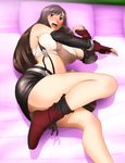  ass bare_shoulders bed belt blush boots breasts brown_eyes brown_hair earrings feet female final_fantasy final_fantasy_vii fingerless_gloves gloves gradient gradient_background highres jewelry large_breasts legs long_hair looking_down lying midriff on_side open_mouth pillow shiny shiny_skin skirt solo suspenders tank_top thighs tifa_lockhart very_long_hair yadokari_genpachirou 