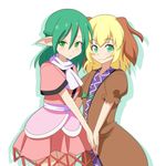  :3 animal_ears blonde_hair blush cato_(monocatienus) cheek-to-cheek cocked_eyebrow color_switch commentary cowboy_shot dog_ears dress frown green_eyes half_updo hands_together kasodani_kyouko looking_at_viewer mizuhashi_parsee multiple_girls pointy_ears robe scarf smile touhou 