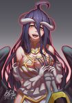  ainz_ooal_gown albedo black_hair breast_grab breasts demon_girl gloves grabbing guided_breast_grab highres horns huge_breasts long_hair looking_at_viewer overlord_(maruyama) pov qblade saliva yellow_eyes 