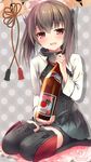  :d alcohol bankoku_ayuya bike_shorts blush boots bottle brown_hair grey_skirt hairband headgear kantai_collection looking_at_viewer military military_uniform open_mouth pleated_skirt polka_dot polka_dot_background red_eyes sake sake_bottle seiza short_hair sitting skirt smile solo taihou_(kantai_collection) thigh_boots thighhighs uniform 