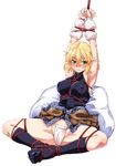  arm_warmers armpits arms_up bdsm blonde_hair blush bondage bound bound_arms bound_legs breasts clenched_teeth covered_nipples feet_together full_body fundoshi green_eyes highres japanese_clothes large_breasts mizuhashi_parsee no_pants no_shoes ootsuki_wataru pillow pointy_ears rope shibari shibari_over_clothes short_hair sitting socks solo spread_legs sweatdrop teeth touhou 