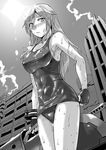 alisa_ilinichina_amiella blush covered_navel fingerless_gloves from_below gloves god_eater god_eater_burst greyscale lithiumia long_hair looking_at_viewer monochrome one-piece_swimsuit school_swimsuit shiny shiny_clothes solo swimsuit weapon wet wet_clothes 