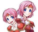  :d armor collared_shirt dual_persona fire_emblem fire_emblem:_akatsuki_no_megami fire_emblem:_souen_no_kiseki headband looking_at_another marcia multiple_girls open_mouth pauldrons pink_hair shirt short_hair simple_background smile upper_body wakai_hiroshi white_background 
