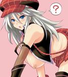  :o ? alisa_ilinichina_amiella all_fours areola_slip areolae bandaid bandaids_on_nipples black_footwear blue_eyes blush boots breasts commentary_request elbow_gloves gloves god_eater god_eater_burst hanging_breasts hat konno_tohiro large_breasts long_hair looking_at_viewer open_mouth pasties pink_background plaid plaid_skirt silver_hair skirt solo spoken_question_mark suspender_skirt suspenders thigh_boots thighhighs vest 