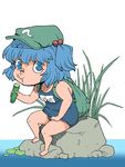  backpack bag bare_legs bare_shoulders blue_eyes blue_hair blush cucumber eating food hair_bobbles hair_ornament hat kawashiro_nitori looking_at_viewer one-piece_swimsuit onikobe_rin plant rock school_swimsuit short_hair short_twintails sitting sitting_on_rock solo swimsuit touhou twintails two_side_up water 