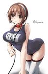  all_fours arched_back bare_shoulders breasts brown_eyes brown_hair collar eyebrows_visible_through_hair fuyu_mi hairband jpeg_artifacts kantai_collection large_breasts leash looking_at_viewer name_tag natori_(kantai_collection) one-piece_swimsuit red_collar short_hair simple_background solo swimsuit thighhighs twitter_username white_background white_hairband white_legwear 