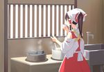  alternate_hairstyle apron bow brown_hair commentary cooking detached_sleeves hair_bow hair_tubes hakurei_reimu head_scarf kappougi kitchen leon_(mikiri_hassha) long_hair ponytail pot sipping solo stirring tenugui touhou 