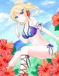  :o ankle_lace-up ayase_eli bad_id bad_pixiv_id bikini blonde_hair blue_bikini blue_eyes bracelet breasts cleavage cloud cross-laced_footwear earrings floral_print flower hair_flower hair_ornament jewelry large_breasts lens_flare long_hair looking_at_viewer love_live! love_live!_school_idol_project navel ponytail print_bikini scrunchie shino_(shinderera) sky solo striped striped_scrunchie swimsuit 