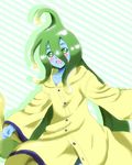  1girl blue_skin blush coat goo_girl green_eyes green_hair monster_girl monster_musume_no_iru_nichijou raincoat slime_girl solo striped_background suu_(monster_musume) 