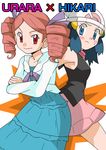  2girls blue_eyes blue_hair hainchu hikari_(pokemon) multiple_girls nintendo pokemon simple_background urara_(pokemon) 
