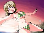  :d armpits bikini blonde_hair blush breasts commentary_request dutch_angle koizumi_hanayo large_breasts looking_at_viewer love_live! love_live!_school_idol_project navel open_mouth outstretched_arms purple_eyes smile solo swimsuit teeth thighs tsuki_wani 