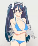  bikini blue_bikini blue_eyes blue_hair blush breast_hold breasts cannon cleavage frown grey_background hair_between_eyes hair_ornament hair_ribbon isuzu_(kantai_collection) kantai_collection large_breasts long_hair looking_at_viewer ribbon side-tie_bikini signature simple_background sohin solo swimsuit twintails 