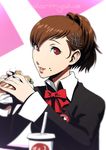  brown_hair daniel_macgregor eyelashes female_protagonist_(persona_3) food food_on_face hair_ornament hairclip hamburger lips looking_at_viewer persona persona_3 persona_3_portable portrait red_eyes school_uniform short_hair 