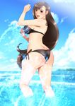  ass bare_shoulders bikini blush breasts brown_eyes brown_hair butt_crack curvy earrings female final_fantasy final_fantasy_vii from_behind gradient gradient_background highres huge_ass jewelry large_breasts legs long_hair looking_back ocean open_mouth shiny shiny_ass sideboob sky solo standing swimsuit thighs tifa_lockhart very_long_hair water yadokari_genpachirou 