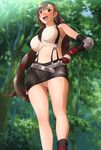  1girl armpits bare_shoulders belt blush breasts brown_eyes brown_hair earrings female final_fantasy final_fantasy_vii fingerless_gloves forest gloves highres jewelry large_breasts legs long_hair looking_at_viewer midriff nature navel open_mouth panties pantyshot skirt solo standing suspenders tank_top thighs tifa_lockhart tree trees underwear very_long_hair yadokari_genpachirou 