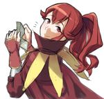  1girl anna_(fire_emblem) fingerless_gloves fire_emblem fire_emblem:_kakusei from_behind gloves holding long_hair looking_back money ponytail popped_collar red_eyes red_gloves red_hair shaft_look simple_background smile solo wakai_hiroshi white_background 