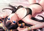  afloat bad_id bad_pixiv_id bikini black_bikini black_hair blue_eyes blurry bracelet breasts depth_of_field egyptian hairband isis_(p&amp;d) jewelry long_hair looking_at_viewer medium_breasts parted_lips partially_submerged puzzle_&amp;_dragons solo swimsuit upside-down water zeroshiki_kouichi 